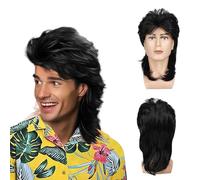 UILYNIU Nero Parrucca Mullet Uomo Naturali Lunga Parrucca Uomo Mullet 70s 80s Costume Hippie Lunghi Cosplay Parrucca di Retro Disco Punk Rocker Parrucche Costume per Halloween Tema Feste (Nero)
