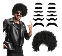 UILYNIU Parrucca Afro Da Uomo e Baffi, Set di Costumi Hippie, Accessori 60s 70s 80s per Festa a Tema, Carnevale, Halloween (Nero)