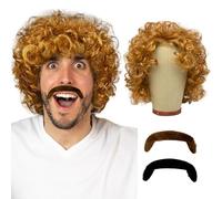 UILYNIU Parrucca Bionda Da Uomo e Baffi, Funky Parrucca Riccia Afro per Adulti, Hippie Popstar Parrucca 60s 70s 80s Parrucca Uomo Accessori per Costumi in Maschera Festa Carnevale Halloween (Biondo)