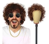 UILYNIU Parrucca Marrone da Uomo Baffi Collana e Occhiali da Sole, Funky Hippie Popstar 60s 70s 80s Afro Riccia Parrucca Uomo per Costumi in Maschera Festa Carnevale Halloween (4PCS)