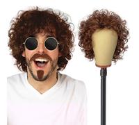UILYNIU Parrucca Marrone Da Uomo Baffi e Occhiali da Sole, Funky Riccia Afro Parrucca Hippie Popstar 60s 70s 80s Uomo per Costumi in Maschera Festa Carnevale Halloween (Marrone)