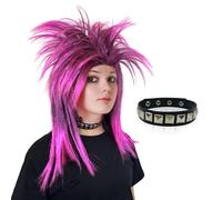UILYNIU Retro Hot Pink Rocker Parrucca e Collana, Parrucca Mullet Rockstar per Uomo e Donna, 80s Parrucca da Festa Punk Popstar per Accessori, Costumi, Carnevale Cosplay Halloween, Festa a Tema (Rosa)