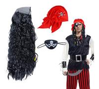 UILYNIU Set di 3 accessori per costume da pirata, set di accessori da capitano con parrucca da pirata, cappello, benda per gli occhi del teschio, per Halloween, carnevale, feste cosplay