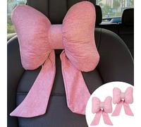 UINSUE Set di 2 cuscini per il collo del sedile dell'auto, eleganti con fiocco a farfalla, per poggiatesta auto, in cotone e lino, per una guida confortevole, misura universale per donne (rosa)