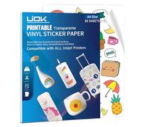 UIOK Carta Adesiva Trasparente per Stampante, Vinile Stampabile A4, 30 Fogli Adesivi per Stampanti a Getto d'Inchiostro