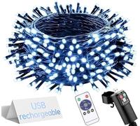 UIONVO Luce Albero di Natale con Batteria - 10m 100 LED Bianco freddo USB Ricaricabile Esterno Catene Luce Telecomando Impermeabile 8 Modalità Impermeabile Giardino Balcone Casa Festa Interno