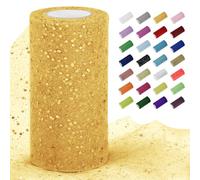 Uiopa Tulle Oro Glitter 15cm x 45m Rotolo di Tulle Tessuto Paillettes Decorativa Nastro di Rete per Gonna Tutù, Decorazione per Matrimonio/Feste, Artigianat