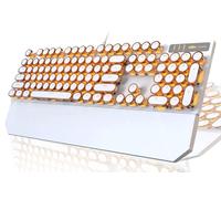 Uique - Tastiera meccanica stile macchina da scrivere, stile retrò punk, con retroilluminazione a LED dorata, graziosa tastiera cablata con 104 tasti, tasti rotondi Uique per Windows/Mac/PC (bianco e