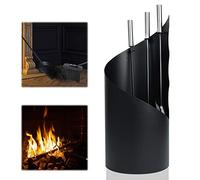 UISEBRT Accessori da Camino Kit, Moderni Attrezzi Utensili Caminetto, in acciaio inox, 4 pezzi, con Gancio, Pala, Scopa e Supporto, Nero