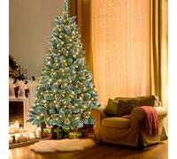 UISEBRT Albero di Natale artificiale con illuminazione a LED, 210 cm, con ghirlanda luminosa e supporto, decorazione natalizia in PVC verde con effetto neve e pigne