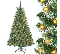 UISEBRT Albero di Natale artificiale con illuminazione a LED, 240 cm, con ghirlanda luminosa e supporto, decorazione natalizia in PVC verde con effetto neve e pigne