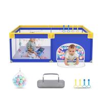 UISEBRT Box per bambini, 150 x 180 cm, con 50 palline oceaniche e 4 anelli e borsa per il trasporto, pieghevole, con rete traspirante, per bambini, blu con motivi di animali