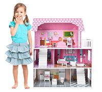 UISEBRT Casa delle bambole in legno con 3 piani mobili e accessori, set da gioco per bambini dai 3 anni in su, tipo A
