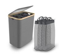 UISEBRT Cesto portabiancheria con coperchio, 3 scomparti, 140 l, sottile, pieghevole, in bambù, extra grande, con coperchio, colore: grigio