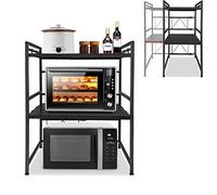 UISEBRT Mensola Microonde Estensibile con 8 Ganci, 3 Livelli Supporto Allungabile per microonde, Scaffale da Cucina Organizzatore, Nero