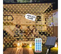 UISEBRT Rete luminosa solare per esterni, 6 x 4 m, 480 LED, luce bianca calda, impermeabile, IP44 con 8 modalità e timer per esterni, decorazione natalizia, Pasqua, Halloween, decorazione da giardino