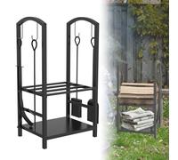 UISEBRT Scaffale per legna da ardere, set da 5 pezzi, in metallo, con 4 attrezzi per camino, 40 x 38 x 75 cm, supporto per legna da ardere per interni ed esterni