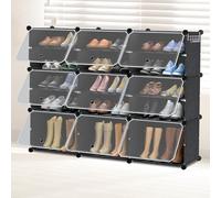 UISEBRT Scarpiera 3 x 6 livelli fai da te con porta, portascarpe in plastica PP, organizer con protezione contro il ribaltamento per corridoio, camera da letto, ingresso, nero e trasparente