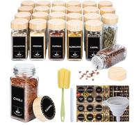 UISEBRT Set di 24 barattoli per spezie rettangolari in vetro con etichette - 120 ml - Con inserto dispersivo - Imbuto - Tappo in legno