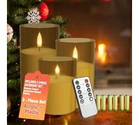 UISEBRT Set di 3 candele a LED senza fiamma con telecomando e 6 batterie AA, funzione timer per 300 ore, illuminazione natalizia senza fili, decorazione da tavolo, casa, bagno, soggiorno, tipo A oro