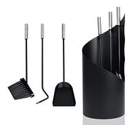 UISEBRT Set di 4 posate per camino, in acciaio inox, con supporto, scopa, grembiule, pala per cenere, posate da forno con manici in acciaio inox, nero