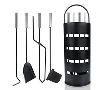 UISEBRT Set di 5 posate per camino, in acciaio inox, con supporto, scopa, pinza, gancio, paletta per cenere, posate da forno con manici in acciaio inox, nero