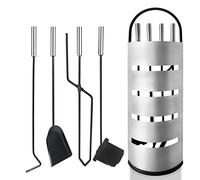 UISEBRT Set di 5 posate per camino, in acciaio inox, con supporto, scopa, pinza, gancio, paletta per cenere, posate da forno con manici in acciaio inox, colore argento