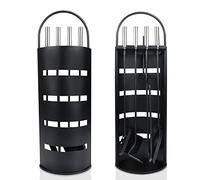 UISEBRT Set di posate per camino, in acciaio inox, set di 5 pezzi: supporto in acciaio inox con protezione per la privacy, scopa, pinze, gancio, pala per cenere (nero)