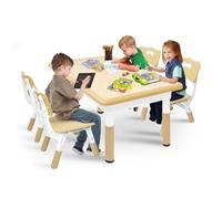 UISEBRT Tavolo per bambini con 4 sedie, gruppo di seduta regolabile in altezza, per bambini a partire dai 2 anni in su, in plastica, per l'asilo e la cameretta dei bambini (colore legno, 120 x 60 x 60