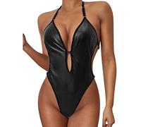 UIVHLW Chemise Elasticizzata Indumenti da Notte da Donna in Pelle Pu Tentazione Deep V Backless Halter Costumi da Notte