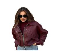 UJEDFHV Giacca Di Pelle Donna Giacca corta in pelle rossa retrò da donna, manica lunga, tasca con cerniera, ampia, cappotto strada for uso quotidiano(M)