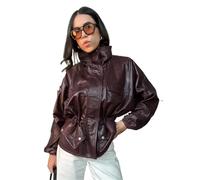 UJEDFHV Giacca Di Pelle Donna Giacca in pelle marrone da donna con manica lunga, tasca cerniera e vita stretta(S)