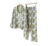 UJEDFHV Pigiama Donna Estivo Pigiama Femminile Set Primavera Autunno Indumenti da Notte in Raso di Seta Pantaloni a Maniche Lunghe Allentato Stampa Rossa Abbigliamento casa(Green Flower,M)