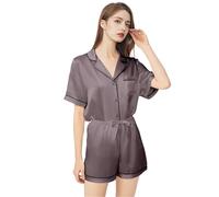 UJEDFHV Pigiama Donna Estivo Real Mulberry Silk Womens Pajamas Set Sleepwear Pjs Button Down Short Sleeve Shirt Top And Shorts Loungewear 2 Piece M-4XL(Taupe,3XL)