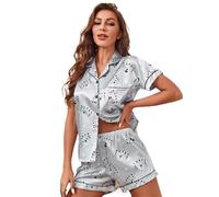 UJEDFHV Pigiama Donna Estivo Women's Cute Tiger Print Satin Pajama Set, Short Sleeve Button-Up Shirt And Shorts Comfort Sleepwear, Summer Casual Loungewear(XL)