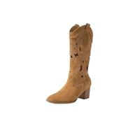 UJEDFHV Stivali Da Cowboy Per Le Donne Stivali da cowboy con tacco a metà polpaccio donna, ricami e cavi, for la moda autunno inverno in pelle PU(Light Brown,24.5cm)