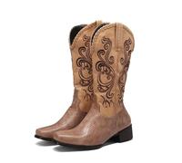 UJEDFHV Stivali Da Cowboy Per Le Donne Stivali western da donna, punta quadrata, slip on, stivali cowgirl con cuciture a metà polpaccio, scarpe strada tacco spesso e ricamo(Khaki,38)
