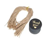 UKCOCO 100 Etichette Rotonde Ringraziamento in Cartoncino Nero Cordoncino in Juta da 25cm, Forate e Portatili, per Bomboniere Matrimonio e Sacchetti Regalo