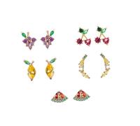 UKCOCO 5 paia Orecchini Bottone Donna Frutta Creativi in Argento con Zirconi Moda Ciliegie Anguria Banana Accessori Chic Eleganti per Regalo