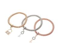 UKCOCO Braccialetti Elastici Da Donna Ciondoli a Lucchetto a Chiave Multistrato, Strass Decorativi, Catena Popcorn, Set Da 3 Pezzi Per Accessori Moda e Portachiavi