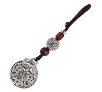UKCOCO Portachiavi Auto con Campanello Leone in Lega d'Argento Tradizionale Ciondolo Orientale con Corda Intrecciata Artigianale Accessorio Feng Shui per Fortuna e Decorazione Etnica