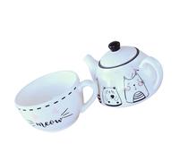 UKCOCO Set da Tè uno Teiera in Ceramica Bianca e Tazza Motivo Gatto, Design Elegante e Creativo per Occasioni Speciali e Decorazione della Casa