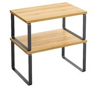 UKCS02NB - Set di 2 mensole da cucina, per la cucina, portaspezie, impilabile, espandibile, in metallo e legno ingegnerizzato, inchiostro nero e beige naturale