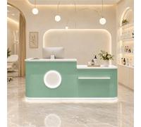 UKETO Banco Reception a L con LED, Bancone Accoglienza Moderno con Cassetti e Armadio per Salone, Ufficio, Clinica e Negozio(Green right,300cm/118.1")