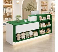 UKETO Bancone Reception con Luce LED, Bancone Accoglienza, Ripiani e Vano Portaoggetti, Banco Cassa in Legno per Negozio, Boutique, Bar e Salone(Green and White L,120cm/47.2")