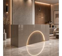 UKETO Bancone Reception consegnato già montato, Banco Accoglienza lucido con frontale ad arco luminoso, privacy, passacavi, pannello E1 per ufficio salone(Brown,300cm/118.1")