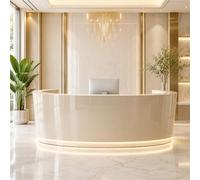 UKETO Grande Banco Reception a U, Bancone Curvo Moderno Lucido con Luce LED e Gestione Cavi per Ufficio Salone Hotel, Senza Montaggio(Beige,380cm/149.6")