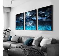 UKIXOM Barca a vela sul lago, notte fonda, natura morta, stampe su tela, chiaro di luna, montagna, paesaggio naturale, poster, dipinti da parete per la casa 30x45cm/12x18 pollici x3 cornice interna