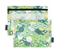 Ukiyo-e - Raccoglitore tradizionale giapponese con cerniera a fiori con finestra trasparente astuccio per matite in vari colori, 3 anelli per forniture da ufficio, multicolore, 2 pezzi