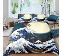 Ukiyo-e Set di da letto in giapponese con motivo a onda e foglie d'acero e luna,set copripiumino to con lacci con cerniera,in morbida microfibra,1 copripiumino con 2 federe,per letto matrimoniale